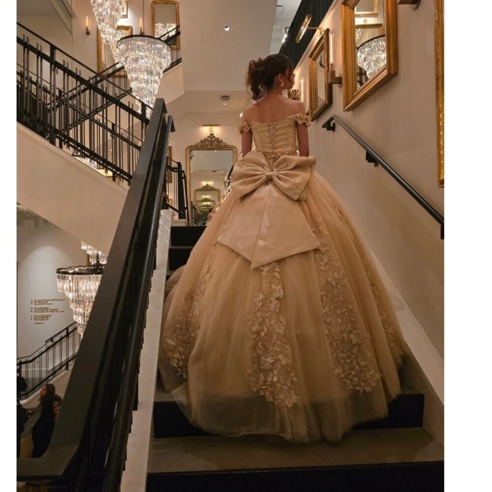Champagne 3D Floral Quinceañera Ball Gown Lace Beaded Off Shoulder Dress Size 00 - Picture 2 of 6